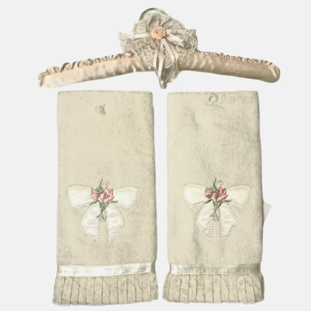 Romantic Lace Hand Towel Set Satin Silk Hanger Cottagecore Bath French Cottage